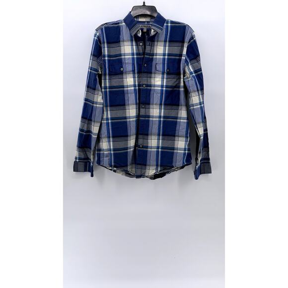 EXPRESS Men's Blue-White Plaid Fitted Cotton Button-Up Long Sleeve Shirt SZ M - Picture 1 of 10